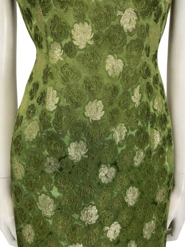 VTG 60S GREEN GOLD BROCADE BOAT NECK SLEEVELESS PARTY WIGGLE MIDI DRESS 8 10