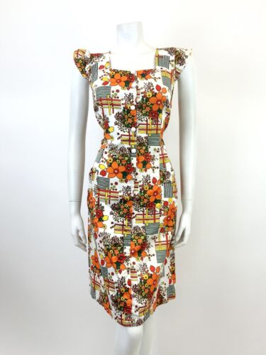 VTG 60s 70s WHITE ORANGE RED GREEN GEOMETRIC FLORAL MOD RUFFLE SHIFT DRESS 12 14