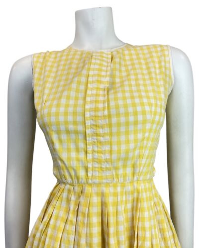 VINTAGE 50s 60s LEMON YELLOW WHITE GINGHAM CHECKED PLEATED SWING SUMMER DRESS 6