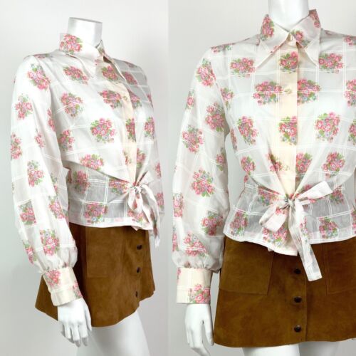 VTG 60s 70s WHITE FLORAL CHECKED DAGGER COLLAR FOLK PUFF SLEEVE SHIRT 12 14