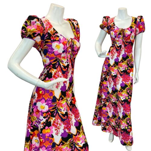 VTG 70S PSYCHEDELIC FLORAL EMPIRE MAXI DRESS PINK PURPLE WHITE ORANGE RED 10 12