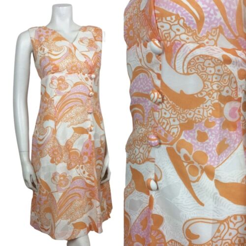 AMAZING 60S VINTAGE WHITE ORANGE PINK PSYCHEDELIC DRESS 14