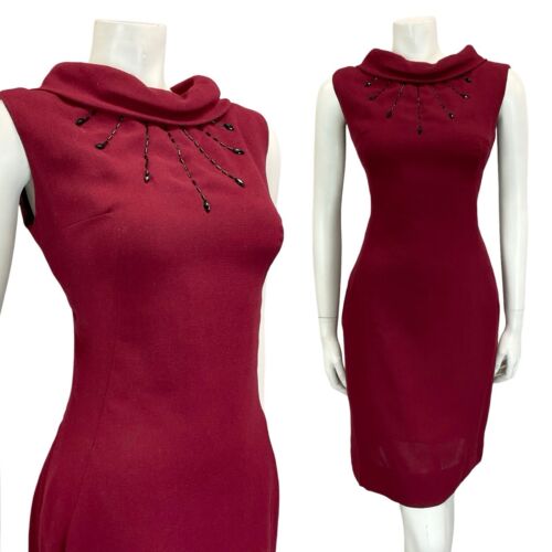 VTG 60S BERRY RED BLACK BEADED BOAT NECK SLEEVELESS PARTY MIDI PENCIL DRESS 12