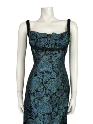 VTG 60S BLACK BLUE GREEN METALLIC PAISLEY FLORAL EMPIRE STRAPPY PARTY DRESS 8 10