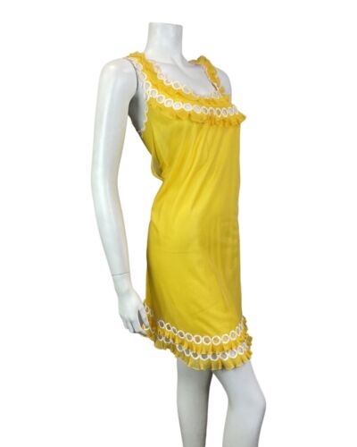 VTG 60s SUNSHINE YELLOW WHITE SHEER RUFFLED NIGHTGOWN HOUSECOAT CHEMISE DRESS 14