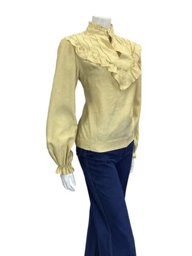 VTG 70S LIGHT GOLD SPARKLING RUFFLE BIB COLLAR BALLOON SLEEVE PARTY BLOUSE 12 14