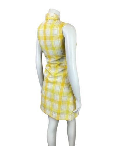 VTG 60s 70s YELLOW WHITE CHECKED EMBROIDERED MOD DOG-EAR COLLAR SHIRT DRESS 10