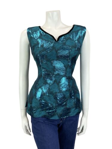 VTG 60S SHIMMERY BLUE ABSTRACT BLACK VELVET TRIM SWEETHEART NECK PARTY TOP 10