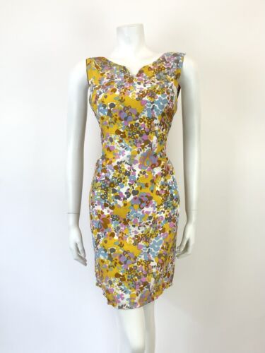 VTG 60s 70s WHITE PINK YELLOW BLUE PSYCHEDELIC FLORAL SLEEVELESS MOD DRESS 12 14