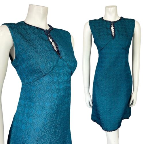 VTG 60S CHECKERBOARD EMBOSSED NAVY BEADED KEYHOLE SLEEVELESS MINI PARTY DRESS 10