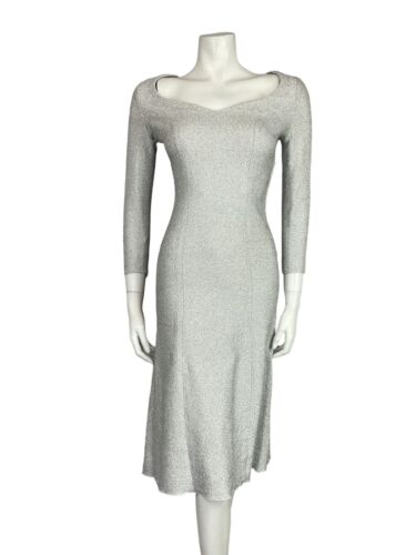 VTG 60S 70S SWEETHEART 3/4 SLEEVE DISCO GLITTERY WHITE LUREX PARTY MIDI DRESS 4