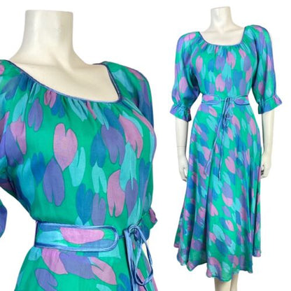 VTG 70s 80s GREEN BLUE PURPLE TULIP ABSTRACT BELTED BLOUSON SWING DRESS 10 12