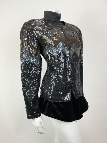 VTG 70s 80s BLACK BRONZE IRIDESCENT DISCO PARTY SEQUIN TROPHY JACKET 14 16