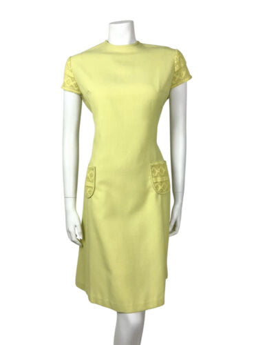 VINTAGE 60s 70s LEMON LIME YELLOW CROCHETED SUMMER DRESS 16 18