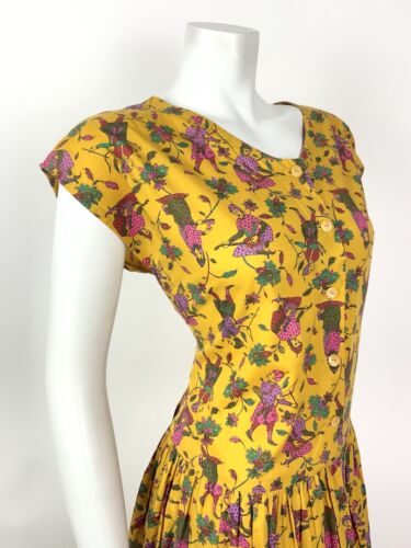 VTG 60s 70s YELLOW PINK GREEN FLORAL FIGURE ETHNIC PSYCH SUMMER DRESS 16 18