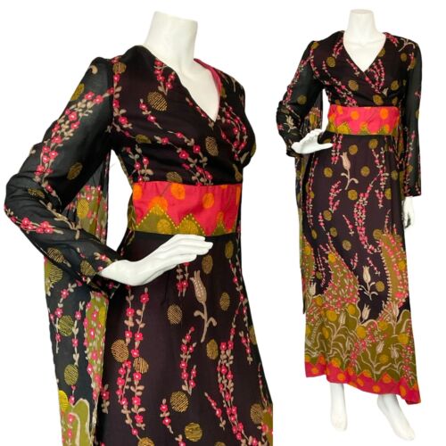 VTG 70S BOHO BLACK GREEN PINK FLORAL V NECK PANEL SLEEVES FLOATY PARTY DRESS 6