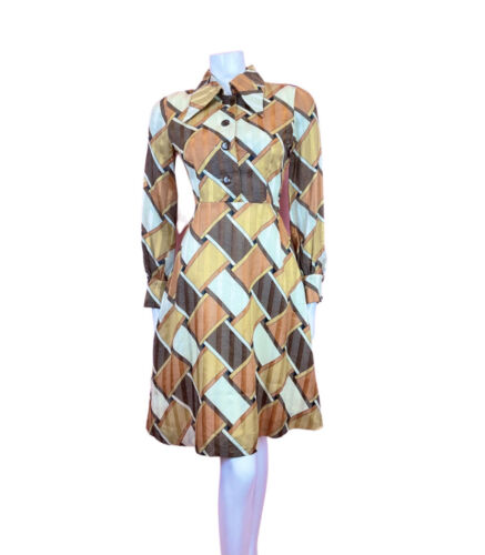VINTAGE 60s 70s BROWN CREAM GOLD GEOMETRIC WEAVE SHEER DAGGER SHIRT DRESS 8 10