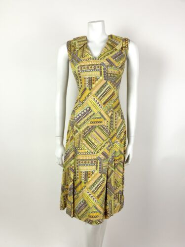 VTG 60s 70s YELLOW GREEN PURPLE PSYCHEDELIC GEOMETRIC SHIRT COLLAR DRESS 10