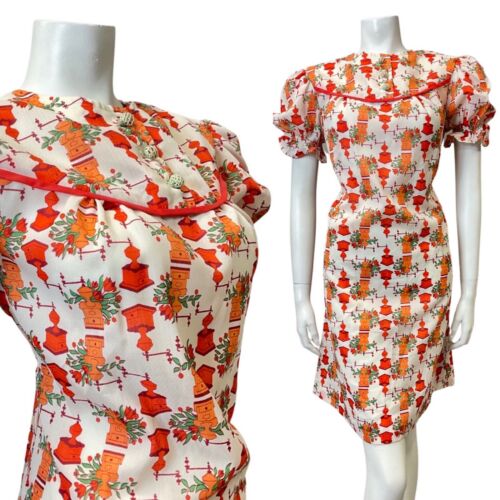 VTG 60s 70s WHITE RED ORANGE FLORAL COFFEE GRINDER PUFF SLEEVE MOD DRESS 12 14