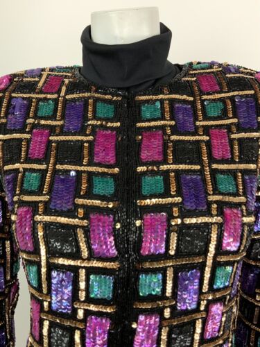 VTG 70s 80S BLACK PURPLE PINK GOLD TEAL GEOMETRIC SEQUIN TROPHY JACKET 8 10