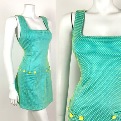 VTG 60s STYLE 90s BLUE YELLOW TWO-TONE SWISS DOT DAISY MOD PINAFORE DRESS 10 12