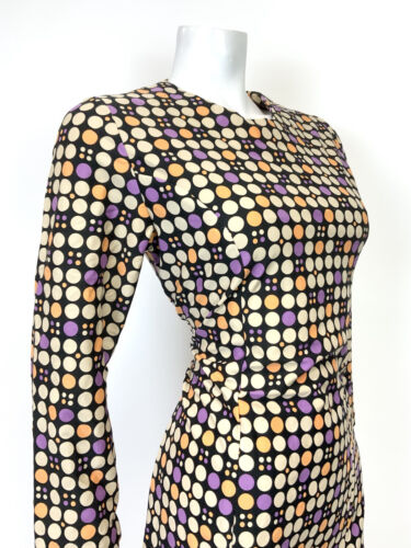 VTG 60s 70s STYLE 90s BLACK BEIGE PURPLE POLKA-DOT MOD SHORT SCOOTER DRESS 10 12