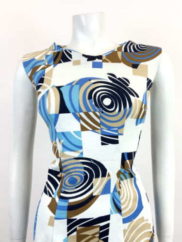 VTG 60s 70s WHITE BLUE BROWN GEOMETRIC PSYCHEDELIC SWIRL MOD SLEEVELESS DRESS 16