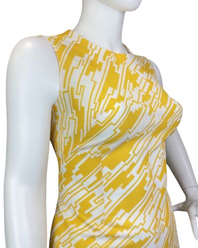 VINTAGE 60s 70s YELLOW WHITE GEOMETRIC MOD SLEEVELESS SHIFT DRESS 16