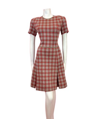 VINTAGE 60s 70s RED GREY WHITE PLAID CHECKED MOD PLEATED WOOL DRESS 10 12