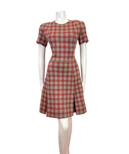 VINTAGE 60s 70s RED GREY WHITE PLAID CHECKED MOD PLEATED WOOL DRESS 10 12