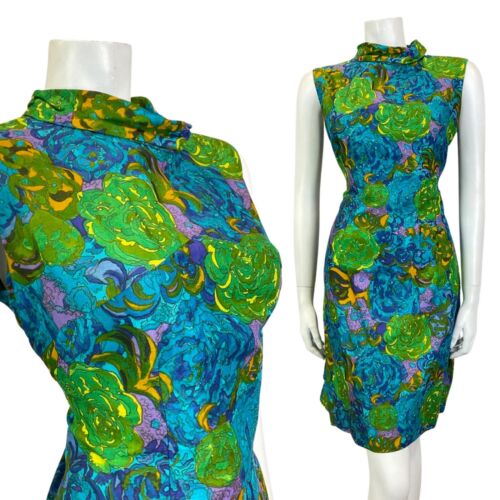 VINTAGE 60s 70s BLUE GREEN YELLOW FLORAL ROSE PSYCHEDELIC SLEEVELESS DRESS 14 16