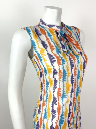 VTG 60s 70s WHITE PURPLE YELLOW BLUE STRIPED SQUIGGLE SHIFT DRESS 10