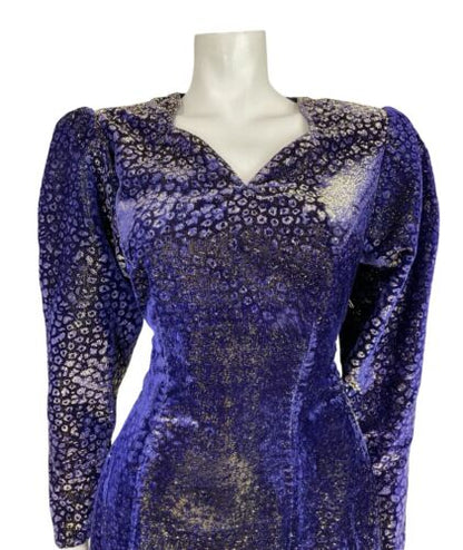 VTG 70S BLUE PURPLE GOLD LUREX VELVET MUTTON SLEEVE SWEETHEART PARTY DRESS 6