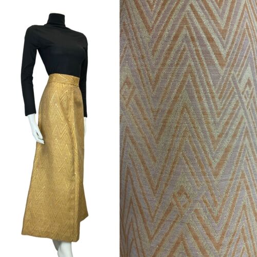 VTG 60S 70S ZIG ZAG GEOMETRIC CREAM GOLD PARTY SLIT MAXI SKIRT SIZE 14 16