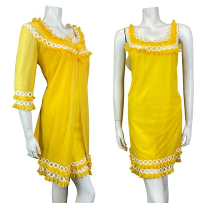 VTG 60s SUNSHINE YELLOW WHITE SHEER RUFFLED NIGHTGOWN HOUSECOAT CHEMISE DRESS 14