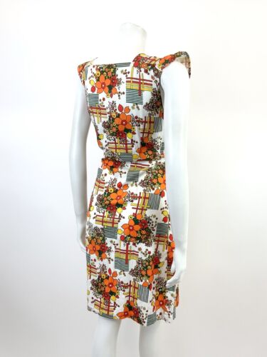 VTG 60s 70s WHITE ORANGE RED GREEN GEOMETRIC FLORAL MOD RUFFLE SHIFT DRESS 12 14