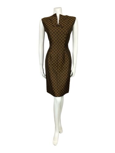 VTG 60S BROWN CHECKERBOARD METALLIC WIGGLE MIDI DRESS WITH BOW 10