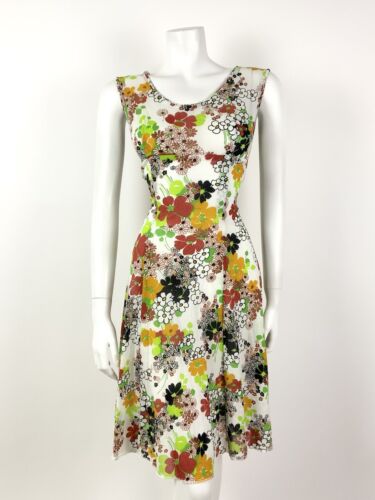 VTG 60s 70s WHITE GREEN RED BLACK FLORAL PSYCHEDELIC CREPE SUN DRESS 10 12