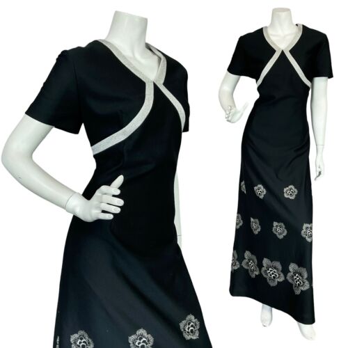 VTG 70S BLACK SILVER FLORAL EMBROIDERY EVENING PARTY SHORT SLEEVE MAXI DRESS 14