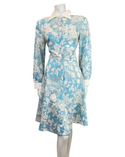 VINTAGE 60s 70s BABY BLUE WHITE FLORAL LEAFY MOD DAGGER SHIRT SWING DRESS 14 16