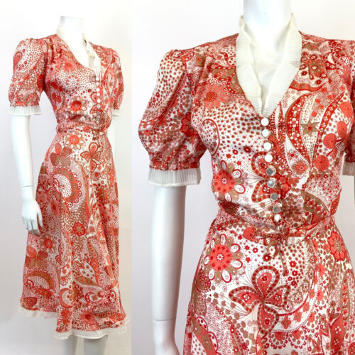 VTG 60s 70s RED WHITE ORANGE PSYCHEDELIC FLORAL DAISY RUFFLE SWING DRESS 14 16