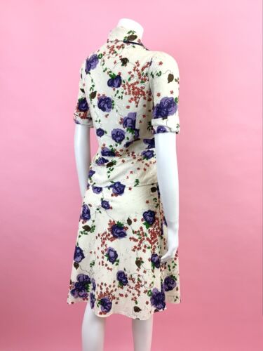 VTG 60s CREAM PURPLE RED EMBROIDERED ANGLAISE FLORAL PEPLUM SHIRT DRESS 12 14