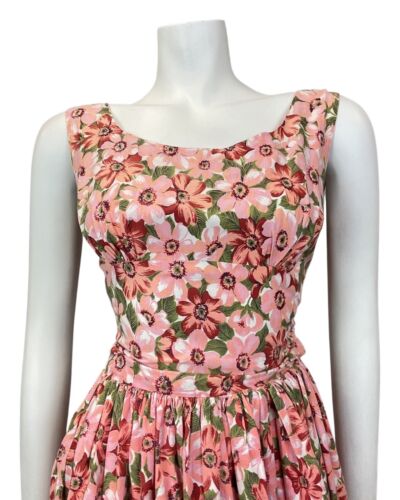 VINTAGE 50s 60s PINK GREEN RED FLORAL LEAFY PRINCESS SWING SLEEVELESS DRESS 4 6