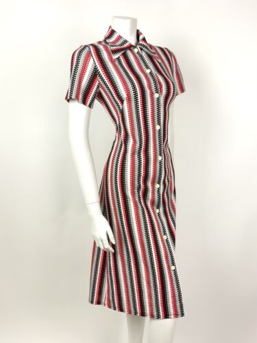 VTG 60s 70s WHITE SILVER BLACK RED STRIPED MOD DAGGER COLLAR SHIRT DRESS 12 14