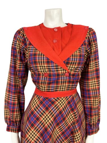 VTG 60S 70S RED BLUE YELLOW TARTAN GRIDDED TAILORED SHIRT DRESS WITH BELT 10 12