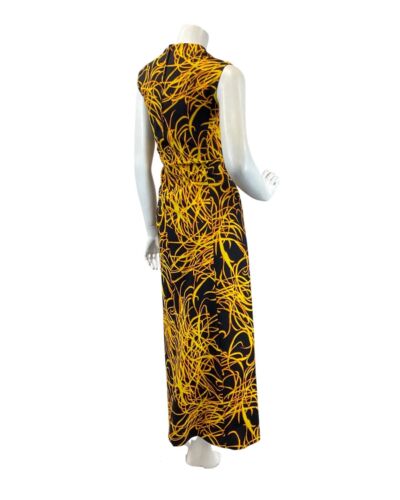 VTG 60s 70s BLACK YELLOW ORANGE FLAMES PSYCHEDELIC SLEEVELESS MAXI DRESS 14 16