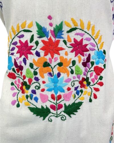 VTG 70s CREAM RED BLUE FLORAL EMBROIDERED MEXICAN FOLK SUMMER DRESS 8 10