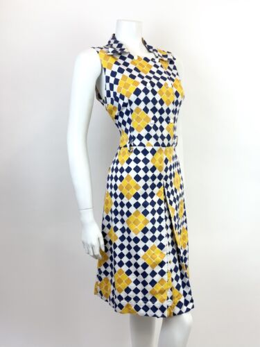 VTG 60s 70s WHITE BLUE YELLOW CHECKERBOARD GEOMETRIC DAGGER SHIRT DRESS 12 14