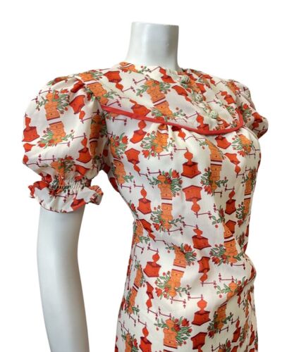 VTG 60s 70s WHITE RED ORANGE FLORAL COFFEE GRINDER PUFF SLEEVE MOD DRESS 12 14