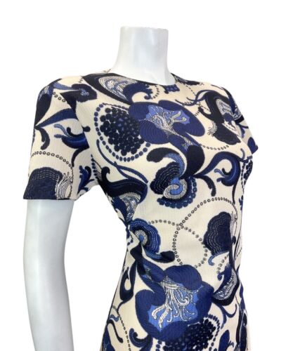 VINTAGE 60s 70s CREAM BLUE PSYCHEDELIC SWIRL FLORAL MOD SHORT DRESS 14 16